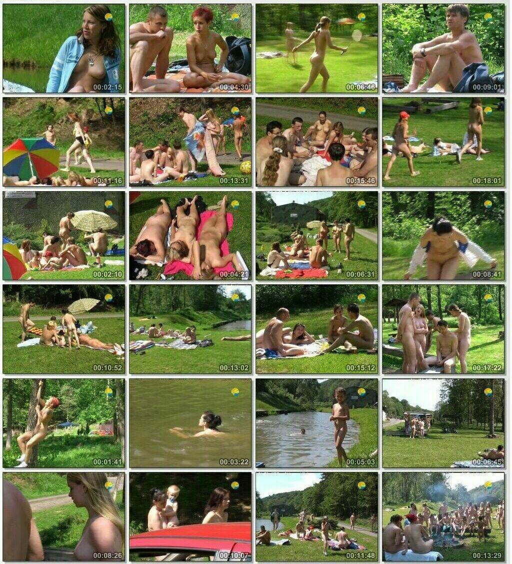 Picnic of Czech family nudists on the shore of the lake
